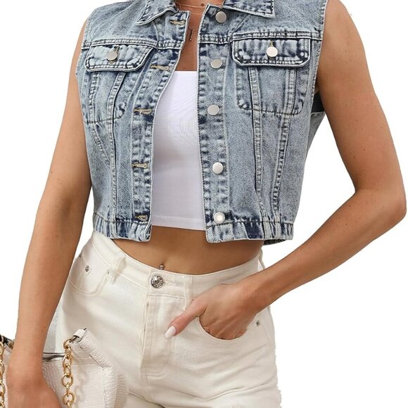 Denim Vest Women Cropped Denim Vest Jacket Blue Jean Sleeveless Y2K Waistcoat Ca